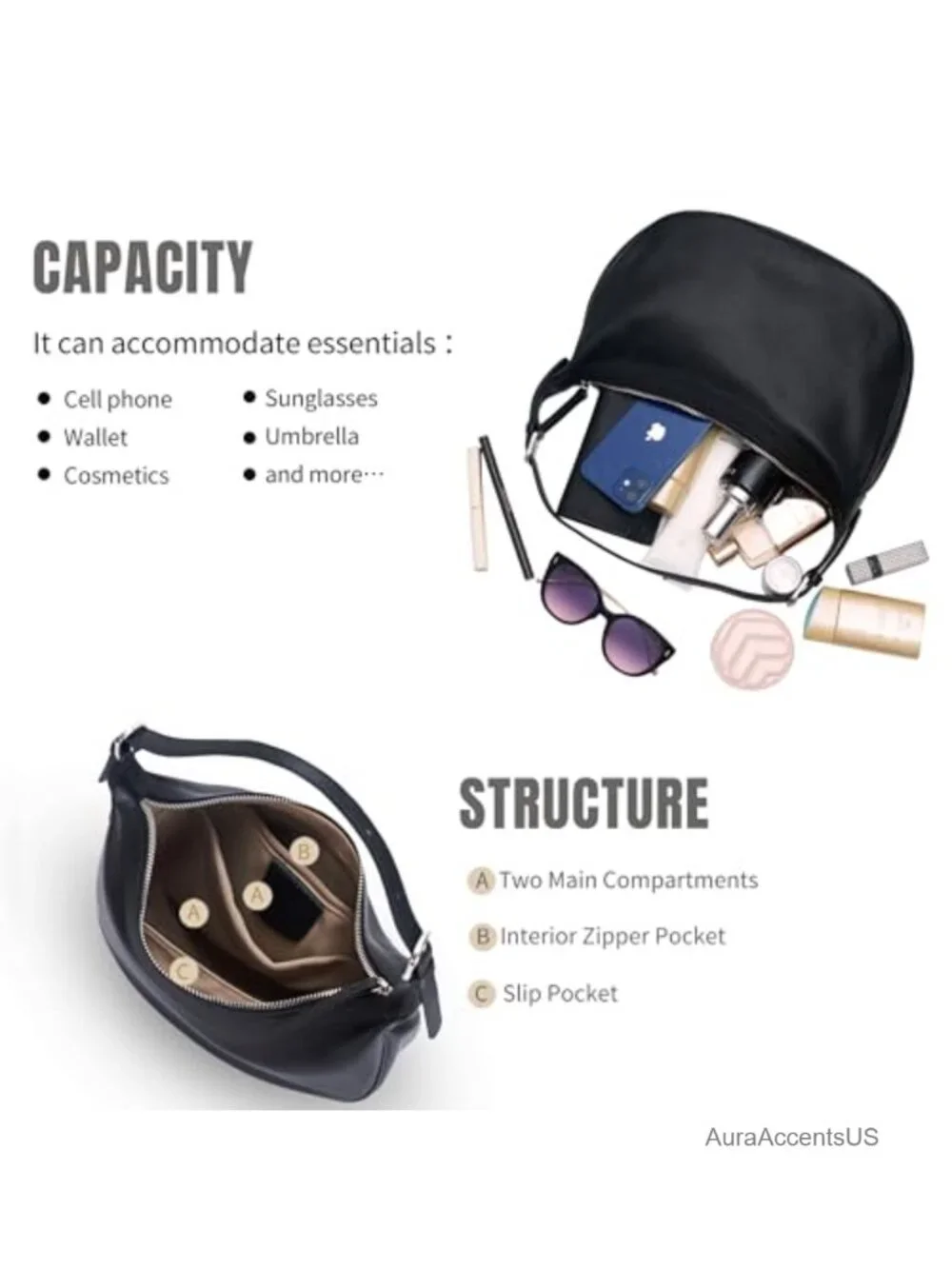 Genuine Leather Hobo Crossbody Bag with Two Adjustable Straps